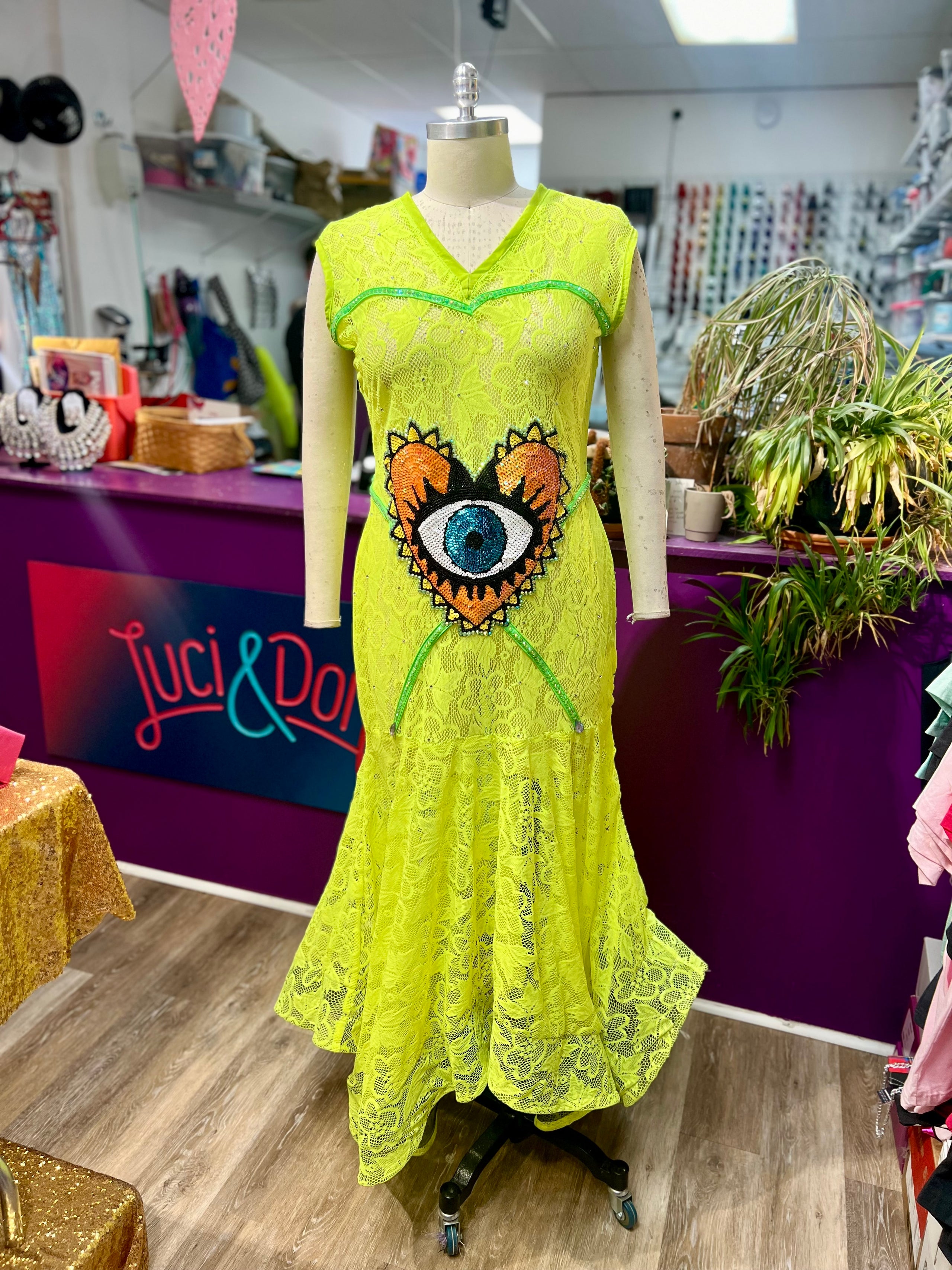 Neon Yellow Lace Sleeveless Gown with Rhinestones Size 3XL 22 24